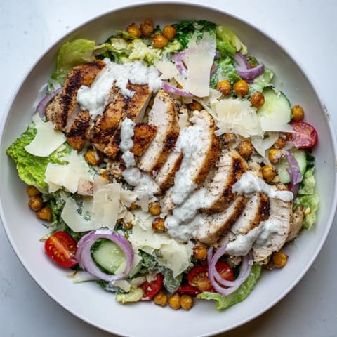 Delicious Chicken Caesar Pasta-less Bowl: Flavorful grilled chicken atop crisp romaine, a complete meal.