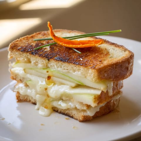 Golden-brown Brie, Apple & Honey Christmas Candle Grilled Cheese, oozing melted cheese with apple slices.