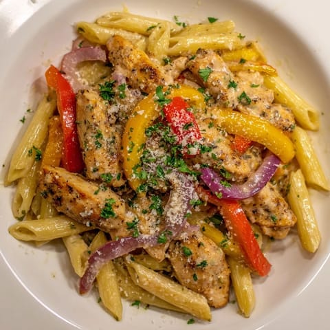 A close-up of creamy Cajun Chicken Pasta, garnished with fresh parsley and Parmesan cheese.