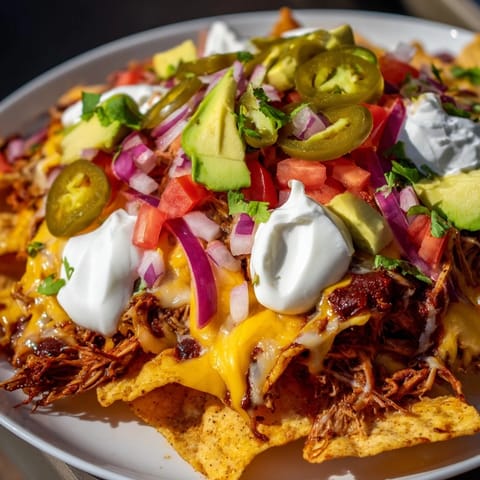 Golden, crispy tortilla chips loaded with pulled pork, queso, and fresh toppings, are the delicious loaded nachos.