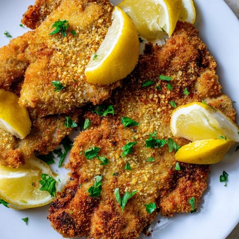 A plated view of fried Austrian Wiener Schnitzel, ready to eat, with crispy edges and a perfect crunch.