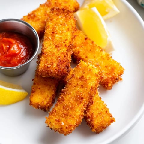 Perfect appetizer image showing shallow-fried panko halloumi, hot with lemon wedges and a spicy sauce.