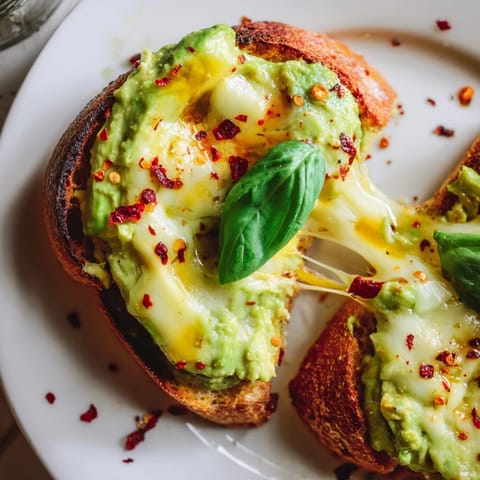 A close-up view of a golden avocado mozzarella tartine garnished with red pepper flakes for a spicy kick.  