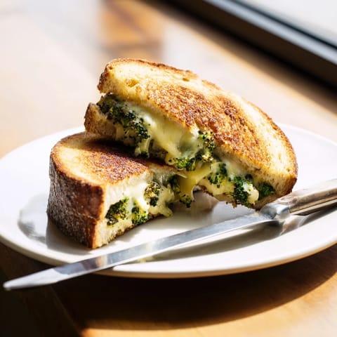Roasted broccoli cheddar grilled cheese sandwich, crispy and golden brown on the outside with gooey melted cheese and tender roasted broccoli inside.