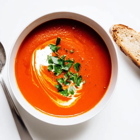 A close-up of the silky, vibrant Roasted Red Pepper Soup served with crusty artisan bread for dipping.