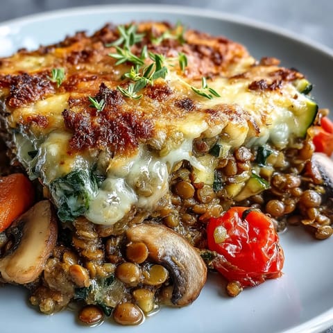Comforting Green Lentil and Vegetable Casserole with cheesy topping.