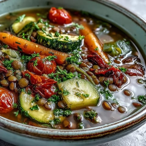 Nourishing Lentil and Vegetable Soup, bursting with garden flavors, perfect for dinner.