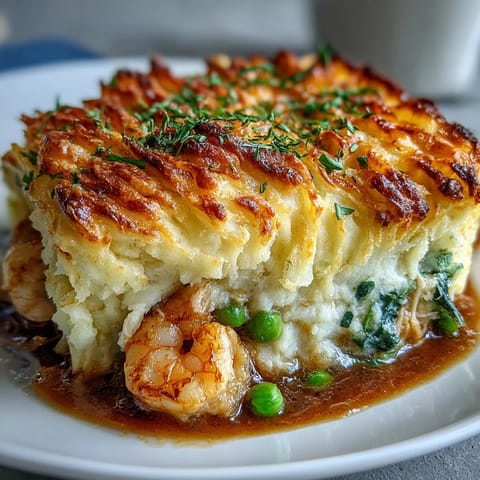Flaky white fish and shrimp swim in a vibrant curry sauce, topped with fork-scratched mashed potatoes.