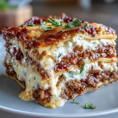 A freshly baked slice of World's Best Lasagna rests on a white plate, ready to be served with fresh basil.