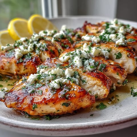 Sizzling thin-sliced chicken breast marinated in lemon and garlic, topped with crumbled feta and fresh parsley on a white plate.