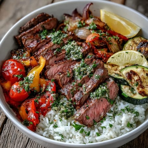 Top view of a Sheet Pan Steak and Veggie Bowl with golden steak slices, charred vegetables, and fresh parsley garnish.