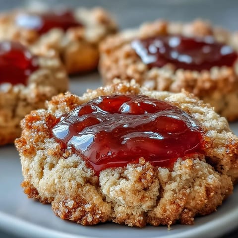 Freshly baked Guava Jam Thumbprint Cookies rest on parchment paper, featuring a vibrant pink guava filling.