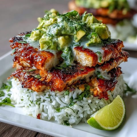 A close-up view of Tangy Honey Lime Chicken & Avocado Rice Stack, showing juicy marinade glaze, fresh avocado, and lime wedges.