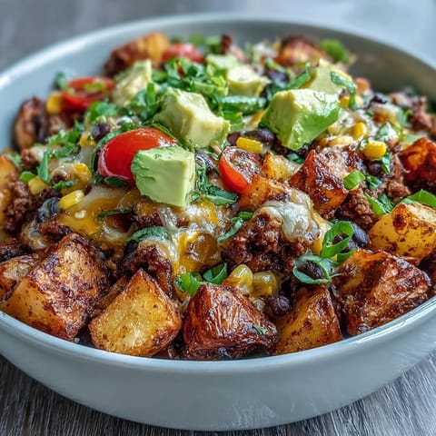 A hearty Loaded Potato Taco Bowl topped with black beans, corn, diced avocado, and fresh cilantro.