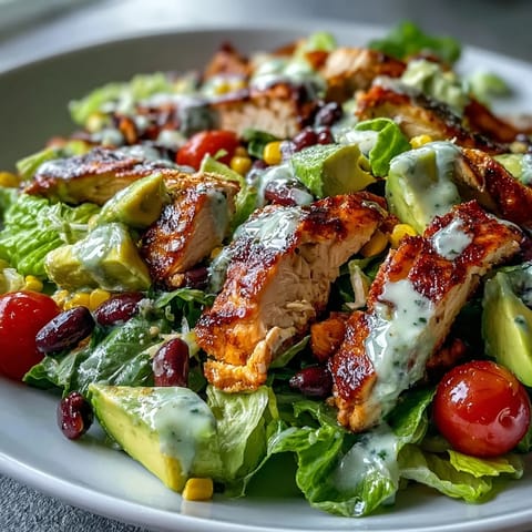 A close-up of the High Protein Southwest Chicken Salad shows diced avocado and red onion next to a bowl of creamy lime-cilantro dressing.
