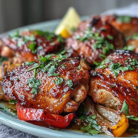 Golden-brown Sheet Pan Honey Garlic Chicken thighs with charred red and yellow peppers and red onion wedges, brushed with sticky glaze beside warm, garlicky naan breads.