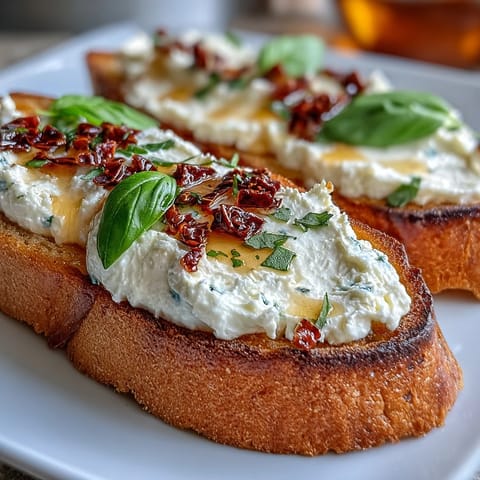 Golden, toasted baguette slices topped with creamy whipped ricotta, drizzled with spicy hot honey and crunchy chili.