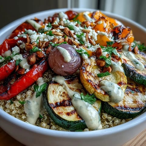Grilled Veggie and Quinoa Power Bowls with Tahini Drizzle show charred zucchini and peppers over fluffy quinoa.