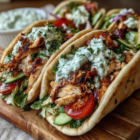 Golden grilled chicken nestled inside soft Greek Chicken Pita Pockets beside a fresh cucumber tomato salad.