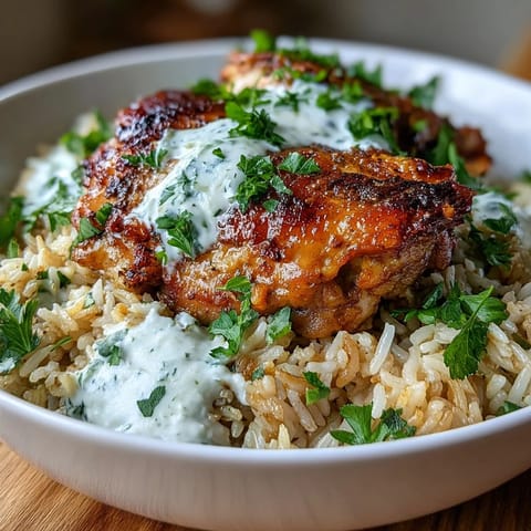 One pot shawarma chicken and rice with aromatic spices, seared chicken thighs, and fluffy basmati rice, served with yogurt sauce.  