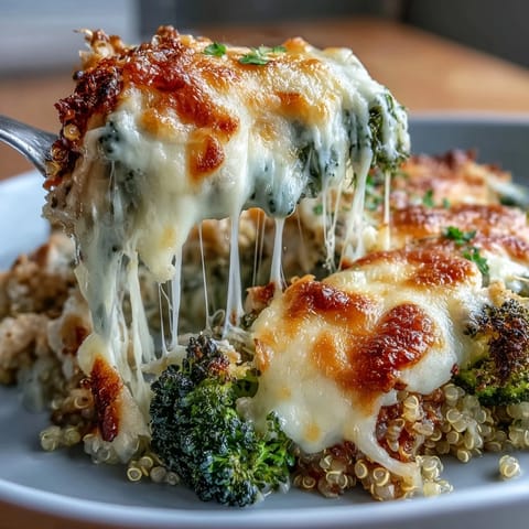 Wholesome broccoli quinoa casserole with tender chicken, creamy cheese, and vibrant veggies, baked to golden perfection.  