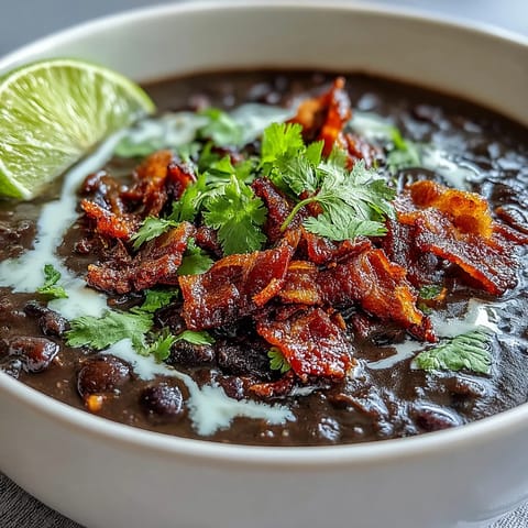 Creamy black bean soup with bacon and lime crema, topped with crispy bacon and fresh cilantro. Rich, smoky, and velvety, perfect for cozy dinners.