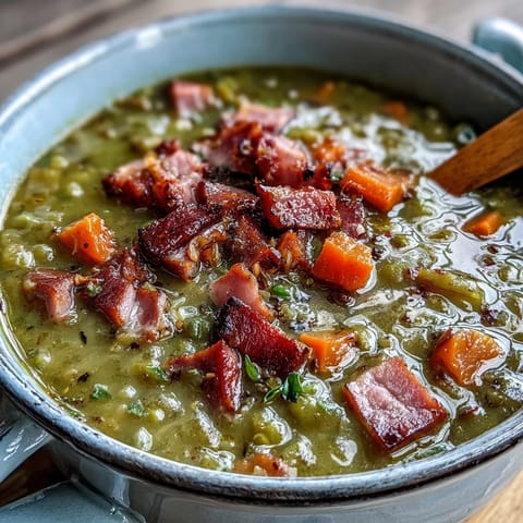 Creamy split peas blend with diced carrots and savory ham in this classic, comforting soup recipe.  