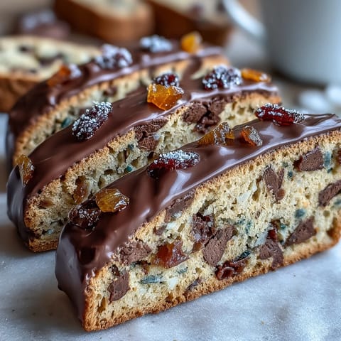 Golden-brown biscotti slices packed with candied orange peel and dark chocolate chunks, ideal for coffee dipping.  