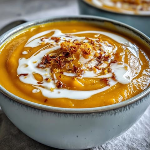 A bowl of vibrant carrot and orange soup with ginger and coconut milk, garnished with fresh coriander and orange zest.