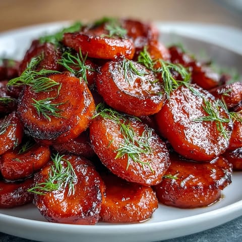 Glazed orange honey carrots with fresh dill, tender and vibrant on a serving platter.  