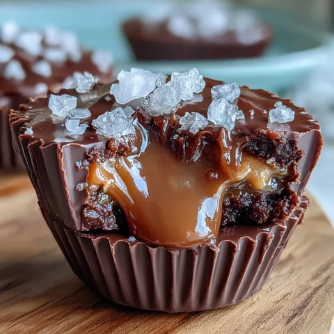 Homemade peanut butter cups filled with gooey salted caramel, topped with rich chocolate and flaky sea salt for a sweet-salty treat.