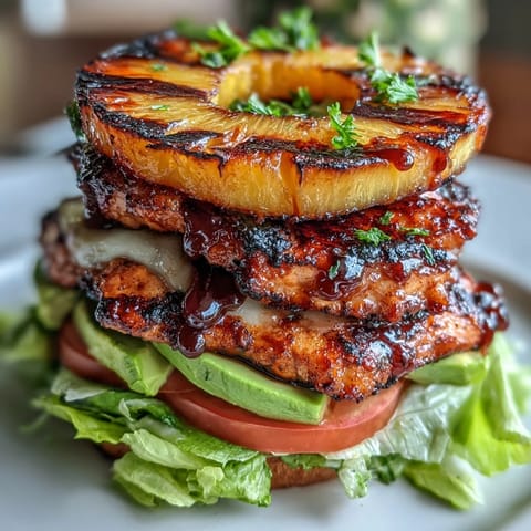 Grilled chicken pineapple burger stacks with juicy chicken, caramelized pineapple, crisp lettuce, and fresh veggies—hearty and flavorful without a bun.
