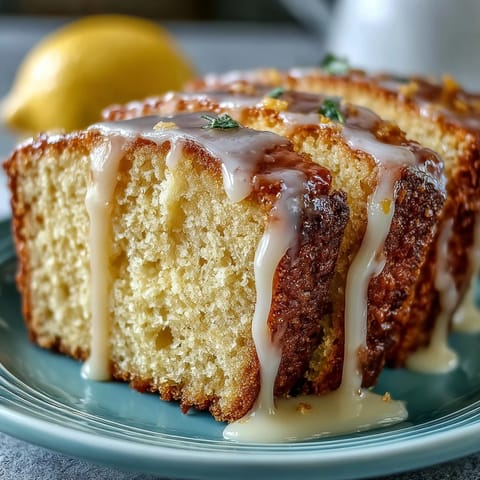 Slices of citrus-infused pound cake drizzled with zesty lemon glaze, showcasing vibrant yellow hues and a tender crumb.  