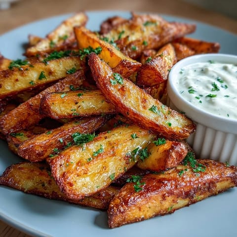Golden sweet potato fries seasoned with smoked paprika, paired with zesty garlic aioli for a perfect snack.  