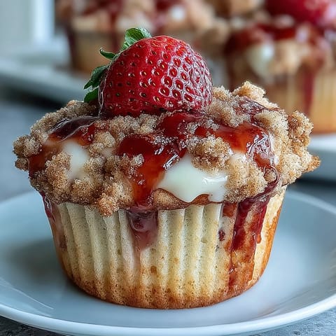 Fluffy muffins bursting with juicy strawberries and finished with a crisp, cinnamon-spiced topping.  
