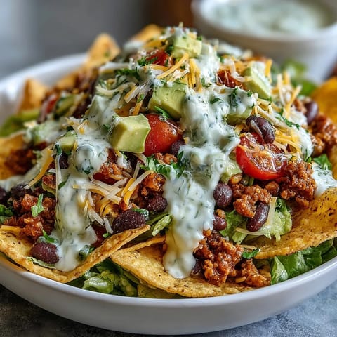 Healthy Easy Taco Salad Bowls with Greek Yogurt Ranch in crispy tortilla shells, loaded with seasoned turkey, fresh veggies, and creamy dressing.