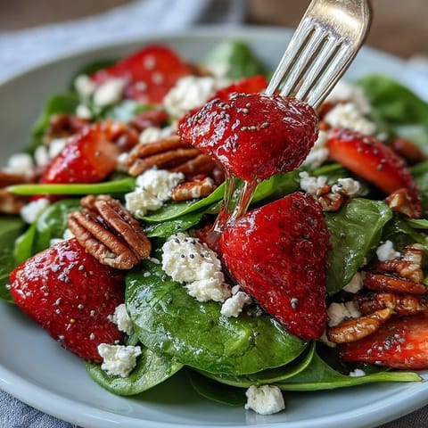 Fresh strawberry spinach salad with poppy seed dressing in a white bowl, topped with crumbled feta and toasted pecans.