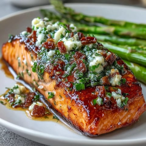 Garlic butter salmon with asparagus, golden and flaky, served on a sheet pan with bright lemon slices.