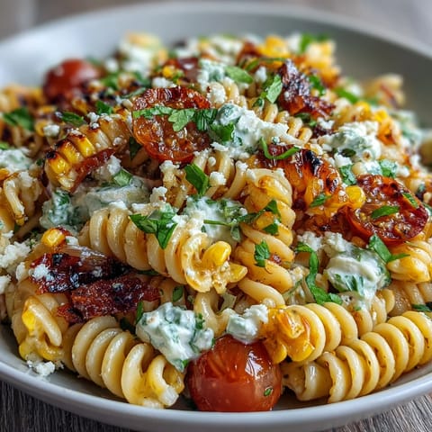 Vibrant Mexican street corn pasta salad with charred corn, cotija cheese, and lime dressing, perfect for summer cookouts and potlucks.
