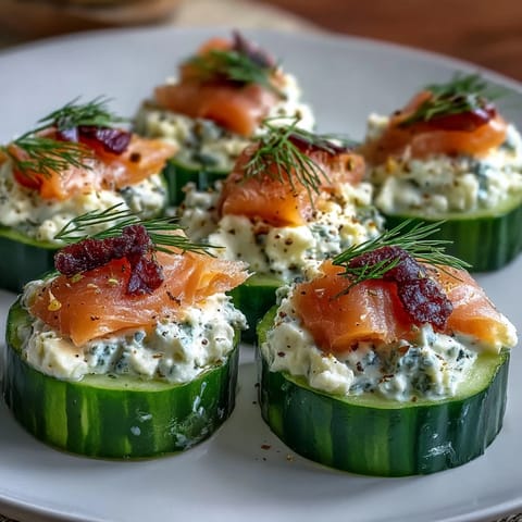Cucumber Bites with Cream Cheese and Smoked Salmon, an elegant appetizer with creamy dill topping and savory smoked salmon.