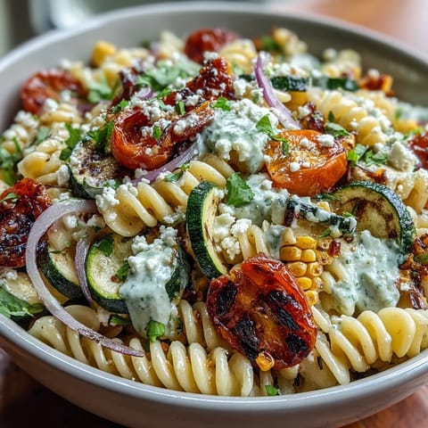 A vibrant pasta salad with grilled zucchini, sweet corn, and salty Cotija cheese.