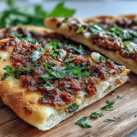 Golden Turkish Lahmacun Pizza with crispy crust and rich ground lamb topping.