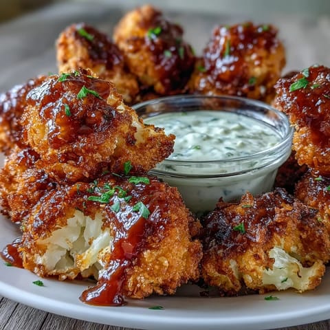 Crispy Vegan BBQ Cauliflower Wings glistening in smoky sauce, beside creamy ranch.