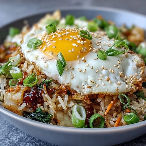 Savory kimchi fried rice bowl topped with a sunny-side-up egg, boasting vibrant flavors.