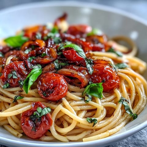 Tender cherry tomato confit coats al dente spaghetti in this simple garlic oil pasta.