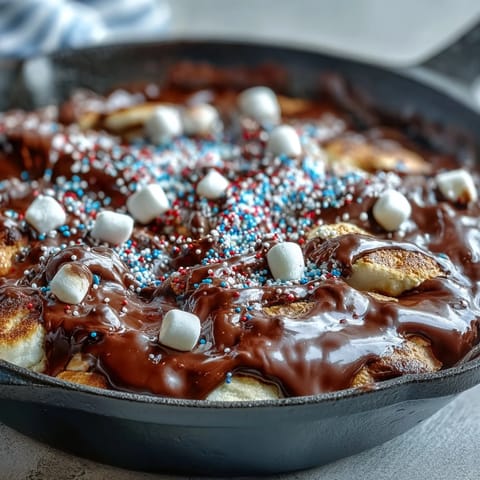 Gooey 4th of July S'mores Dip bubbling in a cast iron skillet, ready for dipping.