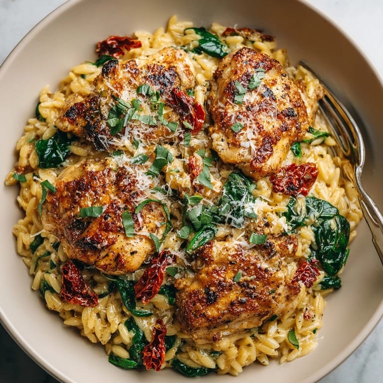 One-pot Creamy Tuscan Chicken Orzo Skillet featuring golden seared chicken, creamy sauce, and spinach.