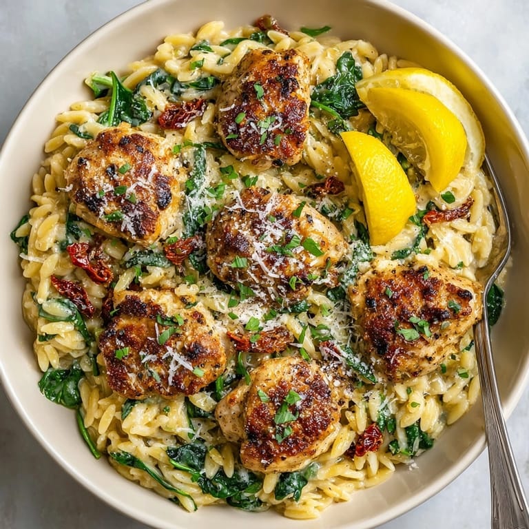 Close-up of Creamy Tuscan Chicken Orzo Skillet with sun-dried tomatoes and Parmesan, ready for serving.