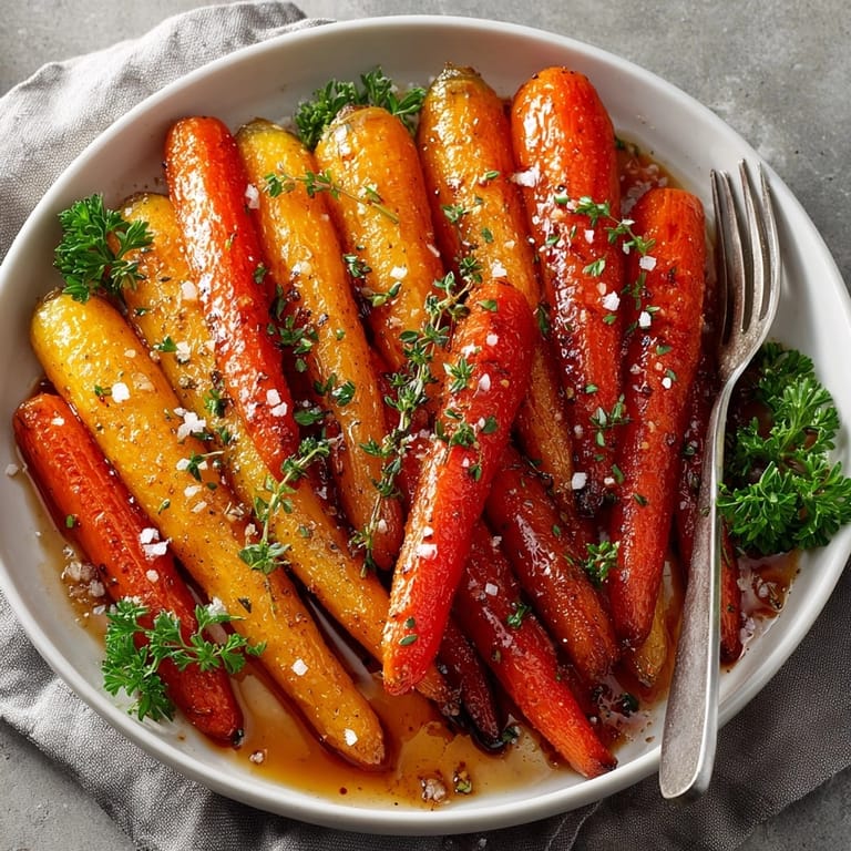 Glossy honey balsamic glazed carrots garnished with vibrant herbs, ready for a modern American table.