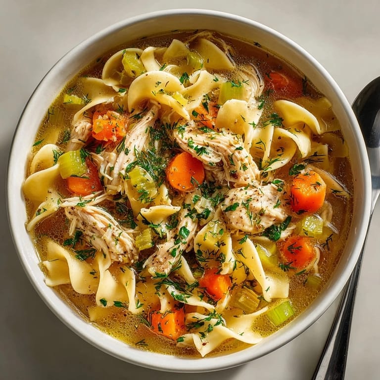 A close-up shot of flavorful one-pot dill pickle chicken noodle soup with visible, bright pickle chunks.